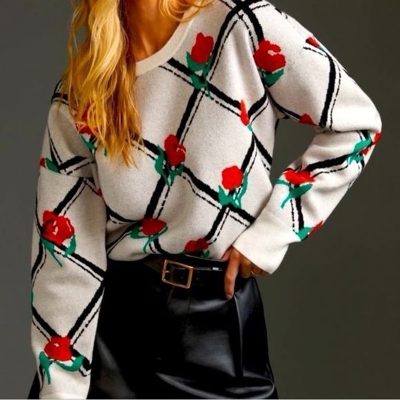 Anthropologie Maeve Rose Trellis Red and Green Floral crewneck Sweater